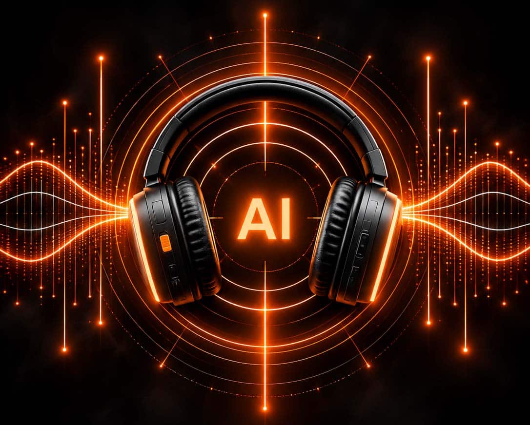 silentsystem.ai.mobi Headphones labeled AI amid orange sound waves: the Silentsystem AI assistant